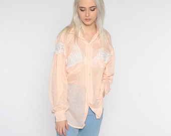 90s Sheer Shirt Peach Pink Crochet Lace Top Pastel Button Up Shirt Vintage See Through Blouse Collar Long Sleeve Shirt 1990s Extra Large xl