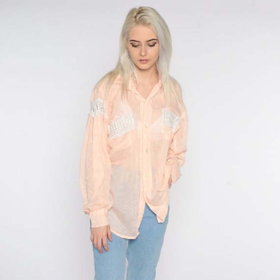 90s Sheer Shirt Peach Pink Crochet Lace Top Pastel Button Up Shirt Vintage See Through Blouse Collar Long Sleeve Shirt 1990s Extra Large xl
