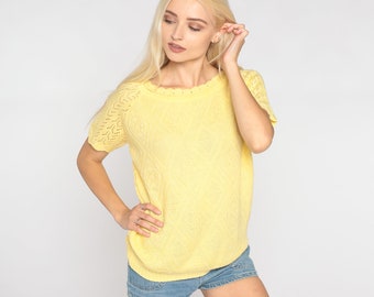80s Sweater Top Yellow Pointelle Knit Blouse Diamond Cutout Shirt Basic Simple Crochet Short Raglan Sleeve Acrylic Vintage 1980s Large L