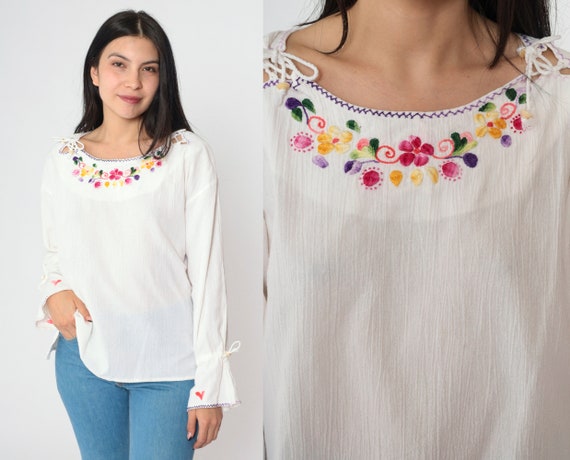 White Floral Blouse Y2k Embroidered Mexican Top Tie Shoulder Peasant Hippie Long Bell Sleeve Keyhole Shirt Flower Boho Vintage 00s Medium
