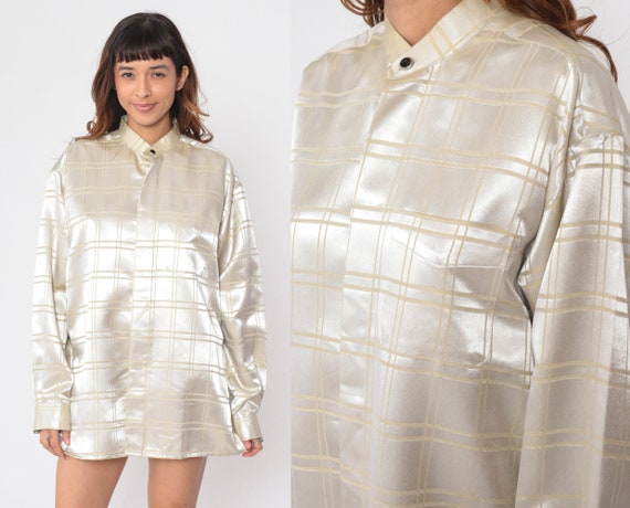 Checkered Satin Shirt 90s Shiny White Windowpane Check Button Up Dress Shirt Retro Preppy Long Sleeve Collared Vintage 1990s Men's 16 16 1/2