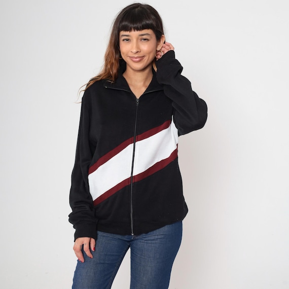 80s Track Jacket  Vintage Black Red White Color Block Zip Front Mock Neck Stripe Gym Sports Running Warm Up Sweatshirt Medium M