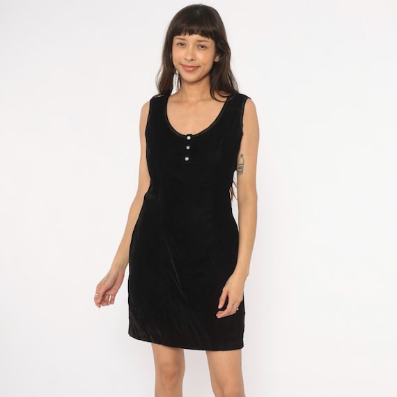 90s Velvet Mini Dress Black Sleeveless Scoop Neck Rhinestone Bodycon Tank Cocktail Party Club Fitted Rampage Grunge Gothic Evening Medium M