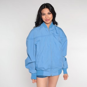 Blue Bomber Jacket 80s Windbreaker Retro Zip Up Jacker Plain Light Sporty Streetwear Athleisure Sportswear Vintage 1980s Mens Medium Long