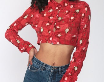 Red Floral Blouse 70s Boho Crop Top Button Up Shirt Bohemian Shirt 1970s Vintage Boho Hippie Romantic Long Sleeve Small xs s