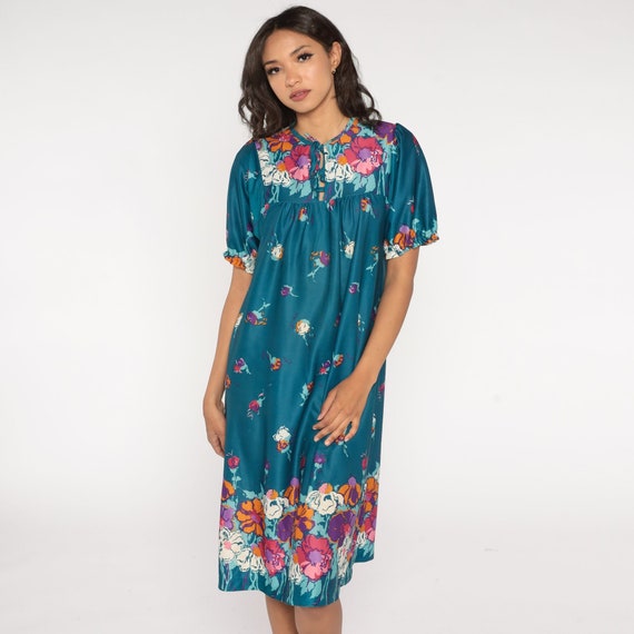 70s Lounge Dress Teal Floral Midi Tent Dress Retro Short Sleeve Keyhole House Dress Seventies Casual Loose Dress Vintage 1970s Medium M
