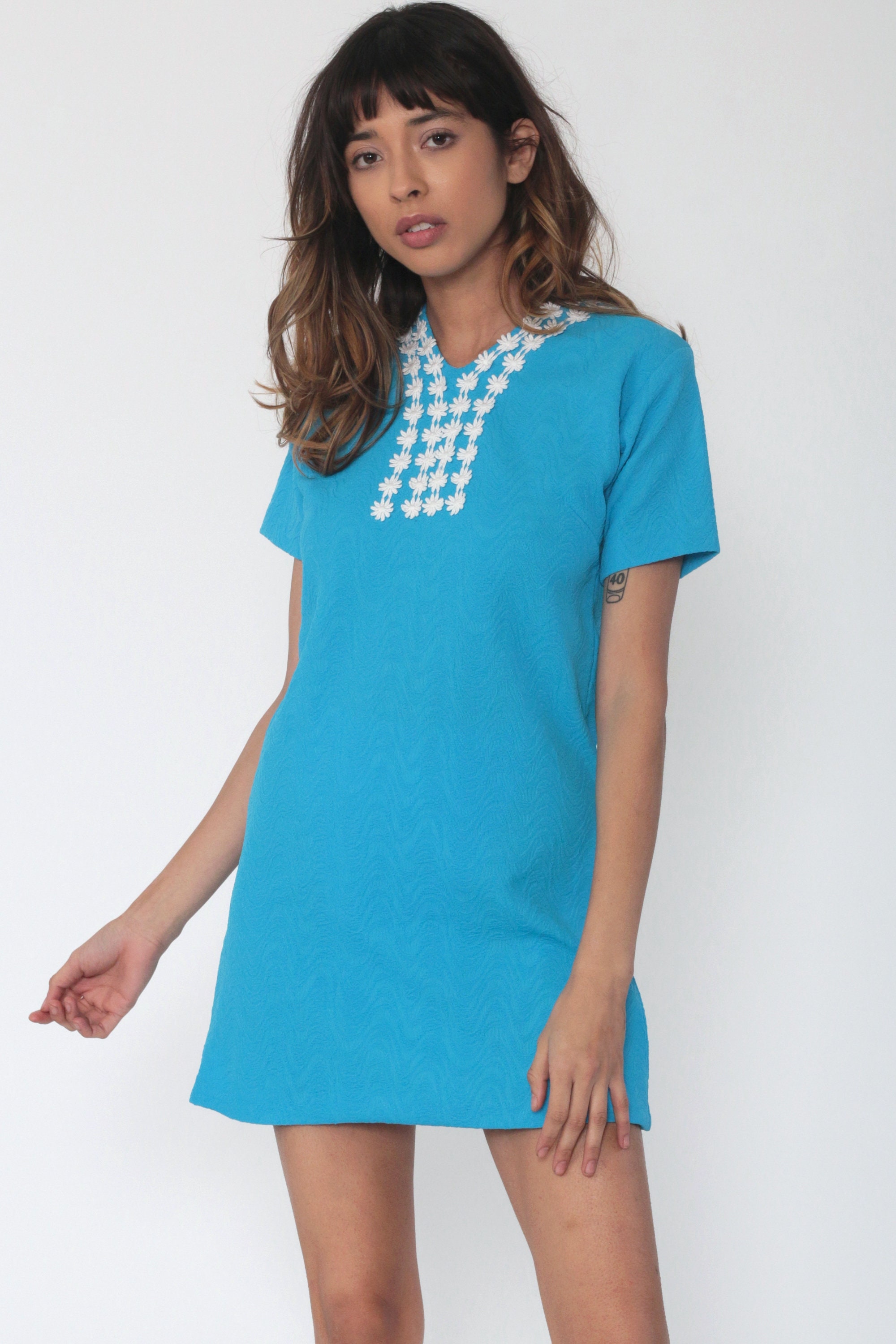 60s Mod Mini Dress DAISY TRIM Shift Dress Turquoise Blue Boho Twiggy 1960s Vintage Sixties Dress 