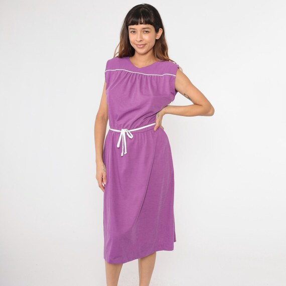 Vintage Purple Midi Dress High 80s Sleeveless Sundress Button Shoulder Blouson Simple Summer Dress Plain Sun Bohemian 1980s Small Medium