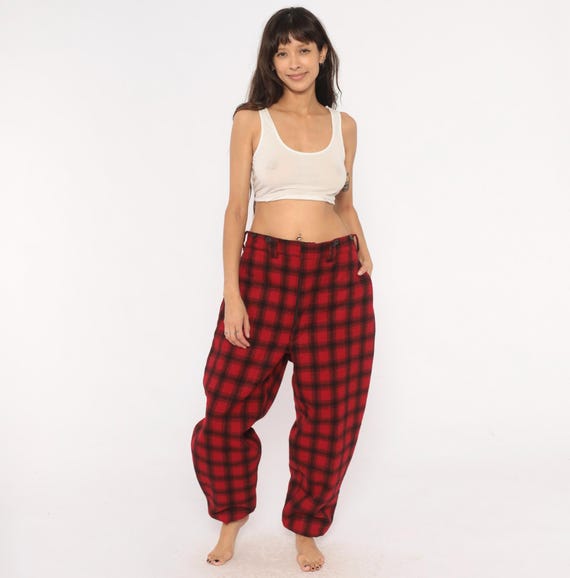 Woolrich Plaid Wool Pants 80s Red Black Buffalo Check Hunting Trousers Flannel Lumberjack Straight Leg Belt Loop Checkered Extra Large XL