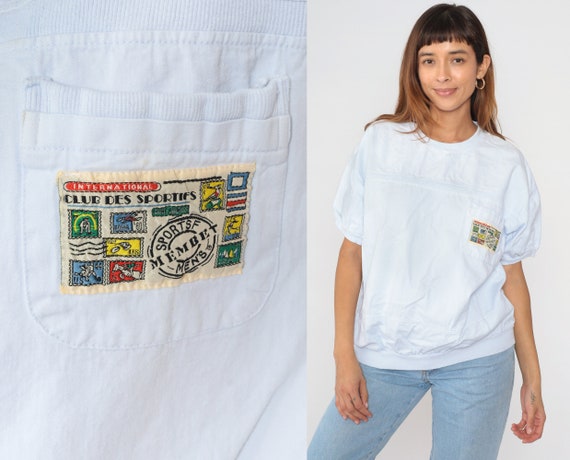 Slouchy White Shirt 90s Club Des Sportifs T-shirt Short Sleeve Banded Hem Top Logo Tee Chest Pocket Retro Casual Basic Vintage 1990s Large L View 2