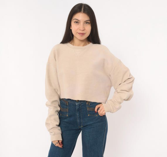 90s Cropped Sweatshirt Tan Cotton Boxy Pullover Sand Beige Raglan Sleeve Textured Knit Oatmeal Casual Neutral Taupe Vintage Top Small S