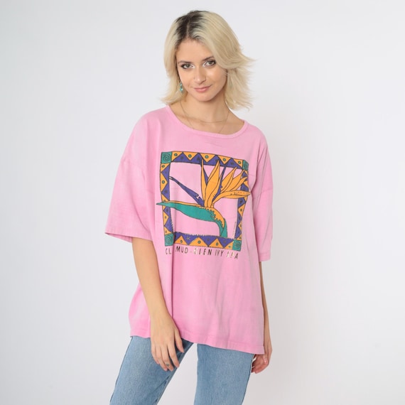 Vintage 90s Pink Glen Ivy Spa T-Shirt Club Mud Bird of Paradise Graphic Metallic Gold Oversized Boxy Fit USA Made Resort Tee Extra Large xl