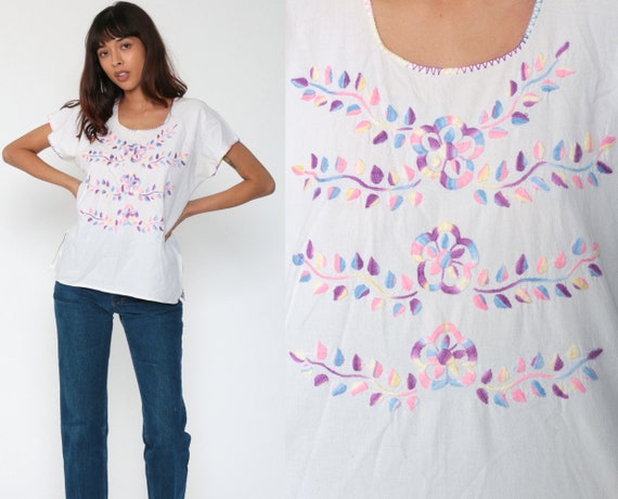Mexican EMBROIDERED Blouse Pastel Hippie Top Floral Shirt Boho Shirt FESTIVAL Tunic Bohemian Vintage Ethnic Retro White Medium