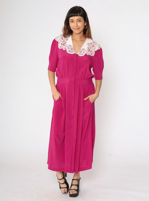80s Lace Collar Dress Fuchsia Pink Pleated Dress Pearl Beaded Secretary 1980s Button Up Vintage Slouchy Puff Sleeve Blouson Granny Medium