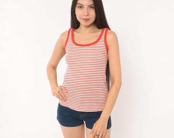 70s Striped Tank Top Red White Ribbed Knit Scoop Neck Sleeveless Shirt Nautical Summer Fitted Blouse Tomato Girl Sailor Vintage Small S