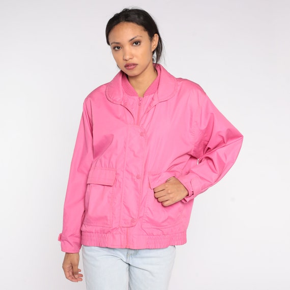 Bright Pink Windbreaker 80s Jacket Zip Up Snap Jacket Retro Boho Spring Coat Hipster Girly Kawaii Normcore Basic Vintage 1980s Large L