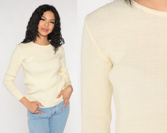 Cream Sweater 70s Ribbed Knit Pullover Sweater Retro Basic Simple Plain Neutral Minimal Crewneck Jumper Acrylic Vintage 1970s Small Medium