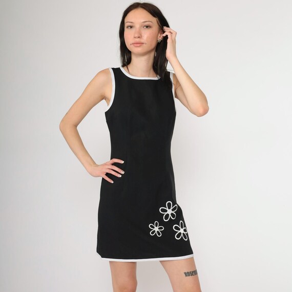 Vintage Black Floral Dress 90s Y2K Flower Power Mini Sleeveless Sundress Flower Print Tank Summer Monochrome Minidress 1990s Size 3 Small