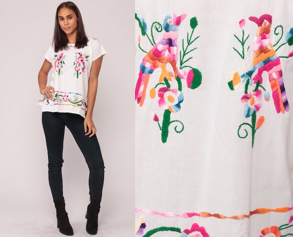 Mexican Top EMBROIDERED Blouse BIRD Hippie Boho Shirt FESTIVAL Cotton Tunic Bohemian White Floral Vintage Ethnic Tent Retro Medium Large