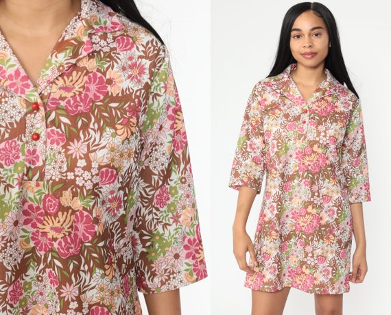Floral Shift Dress 70s Pink Brown Floral Print Hippie Mod Mini Dress Vintage 1970s Gogo Twiggy Dress Sixties Minidress Short Sleeve Medium