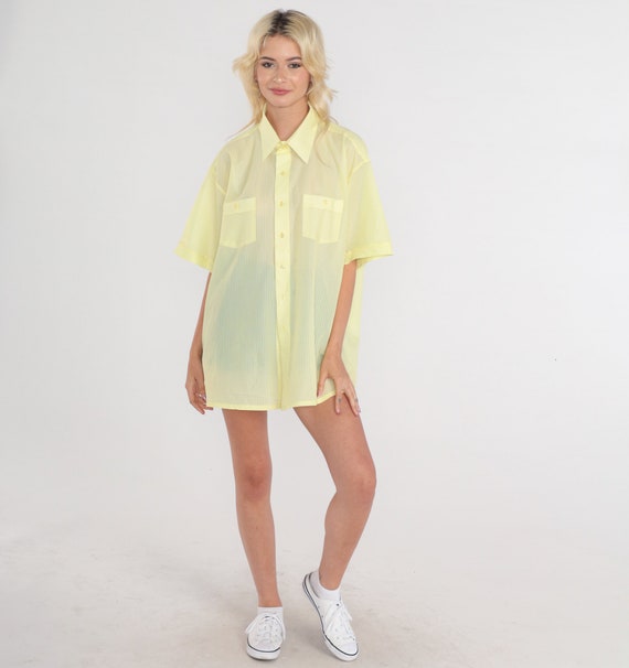 Yellow Shirt 70s Button Up Shirt Semi-Sheer Strip… - image 3