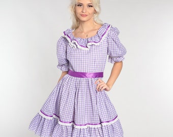 Gingham Prairie Dress 70s Purple Mini Dress Puff Sleeve Eyelet Lace Ruffle Country Square Dance Cottagecore High Waist Vintage 1970s Small S