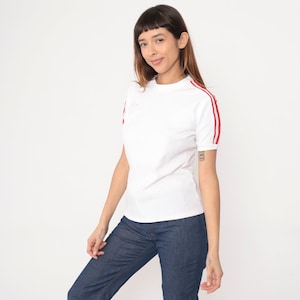 Vintage Adidas T Shirt White Striped Tee Shirt Trefoil TShirt 80s Sports Athletic Sporty Retro Tee Nylon Red Vintage Medium