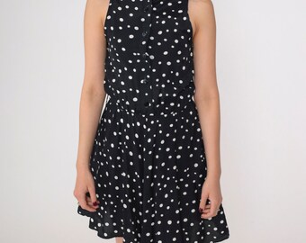 Polka Dot Dress 90s Black and White Button up Mini Dress