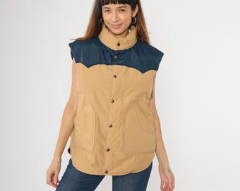 80s Western Ski Vest Tan Goose Down Winter Vest Sportswear Yoke Vest Puffer Retro Puffy Sleeveless Navy Blue Color Block Vintage 70s Large L
