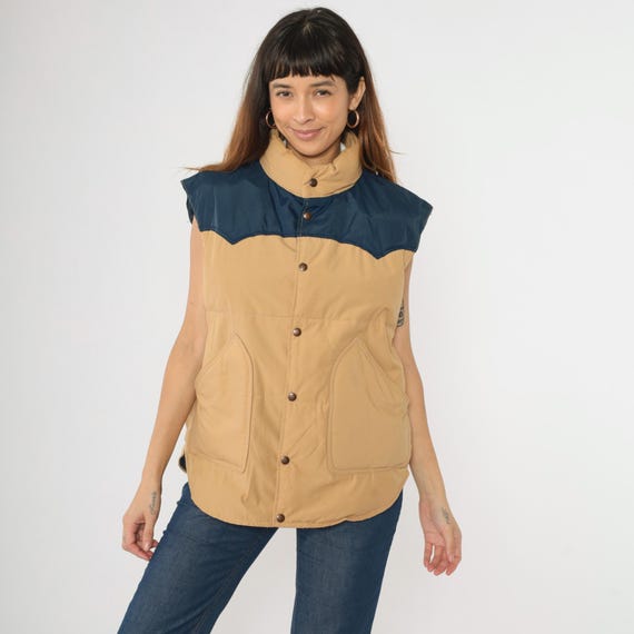 80s Western Ski Vest Tan Goose Down Winter Vest Sportswear Yoke Vest Puffer Retro Puffy Sleeveless Navy Blue Color Block Vintage 70s Large L