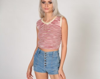 70s Sweater Vest Pink Striped Pullover Knit Shirt V Neck Sleeveless Sweater Crop Top Retro Preppy Acrylic Cropped Vintage 1970s 2xs xxs