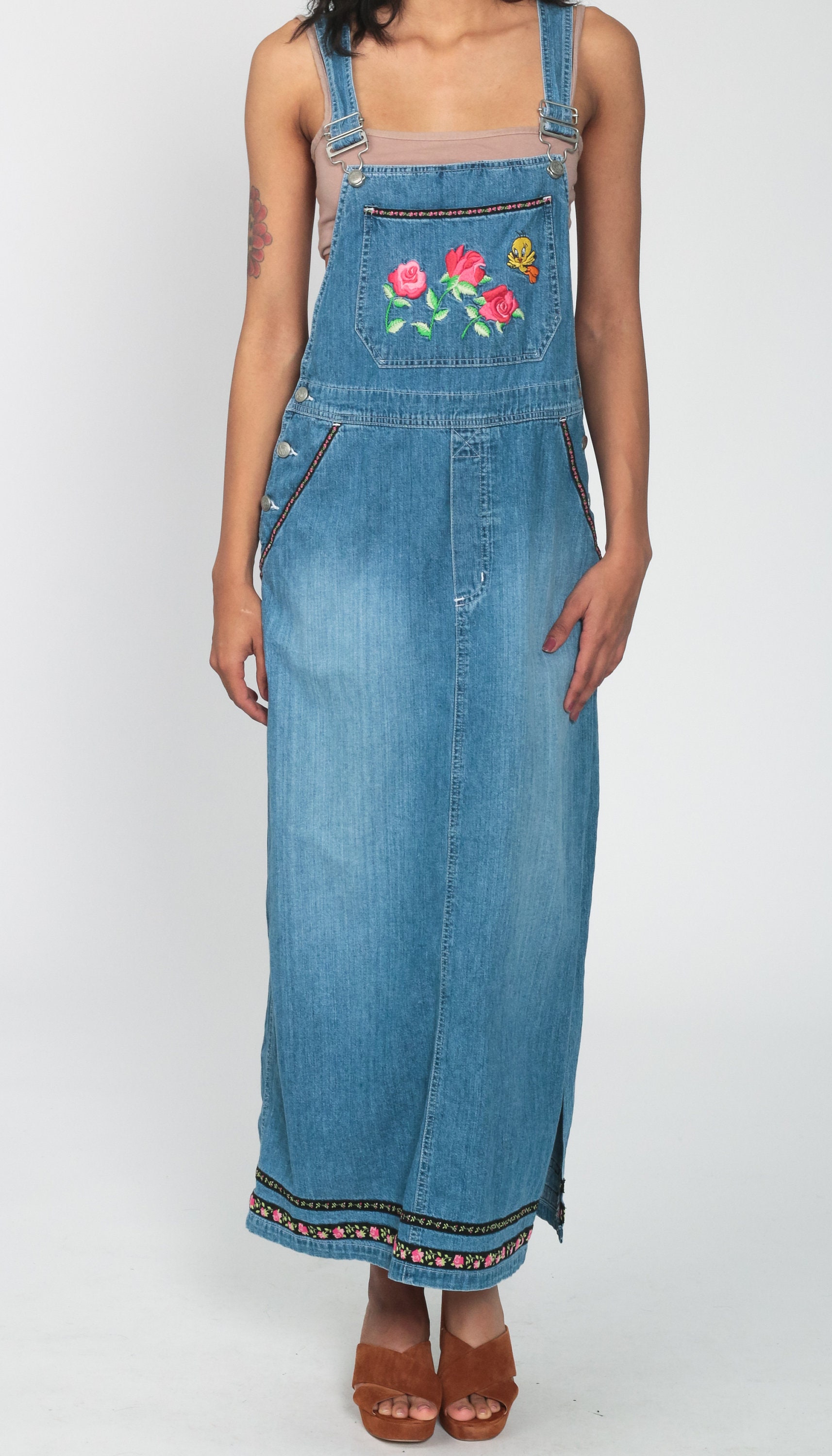 Denim Overall Dress TWEETY BIRD Denim Jumper Dress 90s Maxi Jean Bib Dress 1990s Bib Looney 