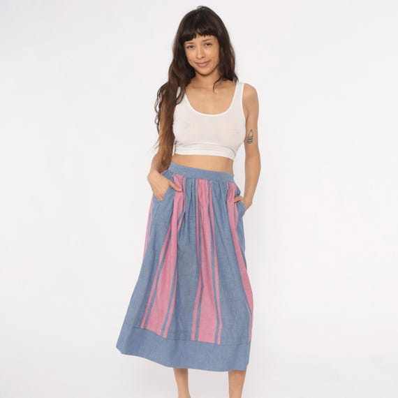 80s Striped Skirt Blue Pink Mauve Vertical Stripes High Waisted Full Skirt Cottagecore Prairie Vintage Summer Pastel Coquette Spring Small S