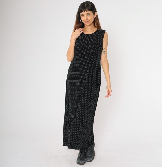 Vintage Black Polka Dot Dress 90s Round Neck Maxi Dress Retro Sleeveless Day Preppy Casual Summer Sundress 1990s Stretchy Large 14