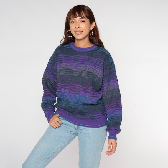 90s Purple Abstract Striped Sweater Geometric Knit Jumper 1990s Grey Blue Ombre Grunge Vintage Pullover Retro Ringer Crewneck Medium M