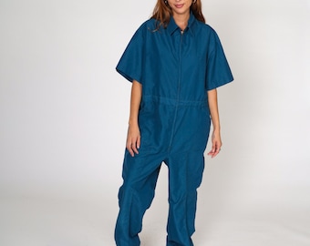 Vintage Blue Boiler Suit 80s Short Sleeve Coveralls Jumpsuit Pants Workwear Uniform Boilersuit Work Wear 1980s Men's Large L