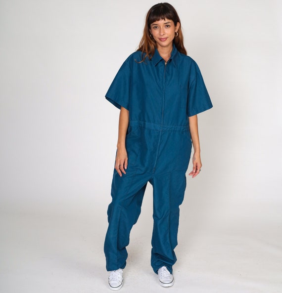 Vintage Blue Boiler Suit 80s Short Sleeve Coveralls Jumpsuit Pants Workwear Uniform Boilersuit Work Wear 1980s Men's Large L
