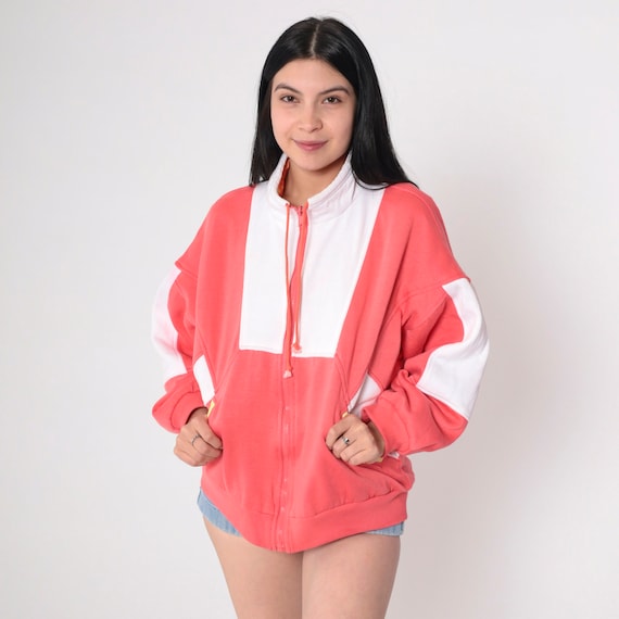90s Reversible Windbreaker Coral Color Block Sweatshirt Jacket Psychedelic Acid Print White Zip Up Vintage 1990s Drawstring Neck Small