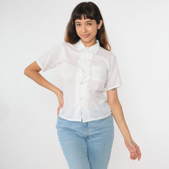 70s White Button Up Shirt Pointed Collar Top Retro Plain Semi-Sheer Short Sleeve Vintage 1970s Chest Pocket Extra Small xs