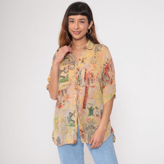Vintage Aztec Print Shirt 90s Yellow Graphic Button Down Top Short Sleeve Lightweight Abstract Reptile Pattern 1990s Medium 38