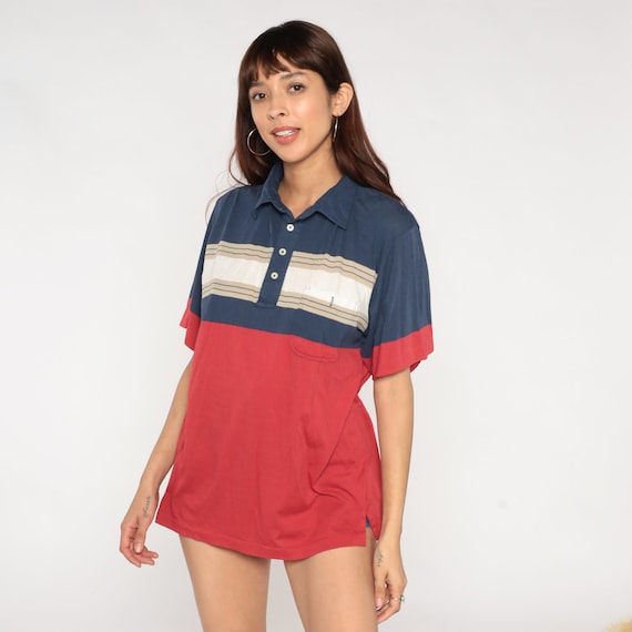 Striped Polo Shirt 90s Navy Blue Red Color Block Collared Shirt Short Sleeve Pocket Retro Preppy Streetwear Tan Vintage 1990s Mens Large L