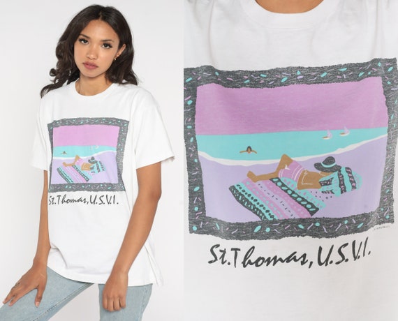 St Thomas Shirt 90s Virgin Islands T-Shirt Tropical Beach Ocean Vacation Graphic Tee Retro Tourist Travel White Vintage 1990s Medium Large