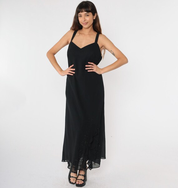 90s Black Chiffon Beaded Dress Vintage Ruffled Side Slit Maxi Party Formal Gown Sparkly Sleeveless Evening Wear V Neck Medium