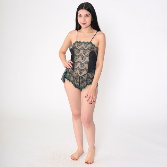 Lace Teddy 80s Lingerie Romper Black Green Floral… - image 6