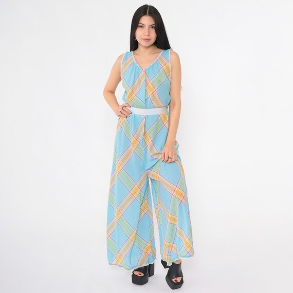 Vintage 70s Palazzo Jumpsuit Plaid Wide Leg Bell Bottom Pants Light Blue Button Up Scoop Neck High Waist 1970s Sleeveless Medium M