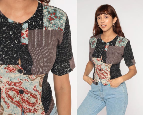 80s Patchwork Blouse Cropped Black Brown Cream Fl… - image 2