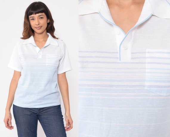 White Striped Polo Shirt 80s Baby Blue Raglan Sleeve Shirt 1980s Button Up Pastel Collared Chest Pocket Shirt Vintage Small Medium