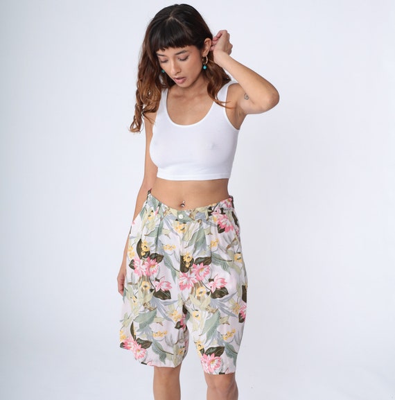 90s Floral Shorts Tropical Pleated Trouser Shorts GAP High Waisted Wide Leg Shorts Baggy Bermuda Loose White Vintage 1990s Medium 30