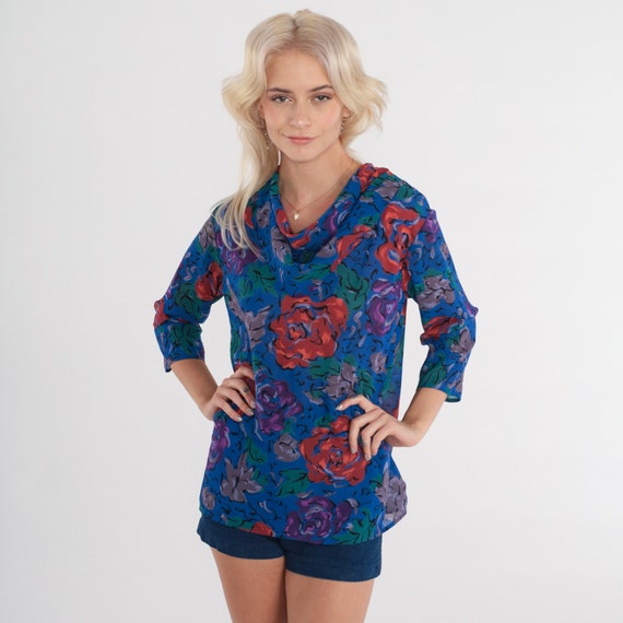 Cowl Neck Floral Blouse 80s 3/4 Sleeve Top Blue Red Purple Romantic Boho 1980s Vintage Bohemian Loose Casual Summer Small