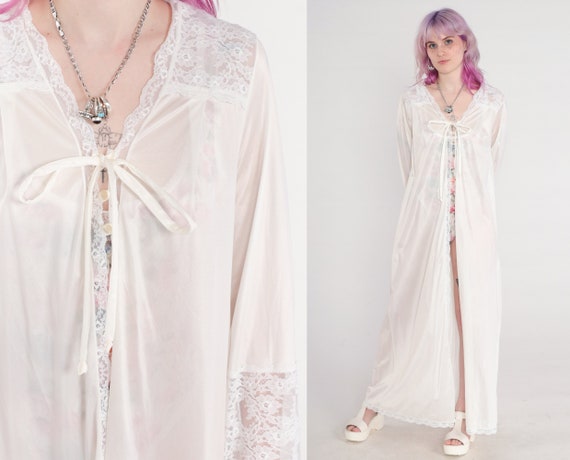 Long White Robe 70s Gilead Lingerie Jacket LACE Robe Maxi Lingerie Nylon Peignoir Bridal Long Wide Sleeve Tie Front 1970s Vintage Small 32